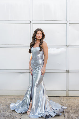 Silver Satin Strapless Corset Mermaid Long Prom Dress with Slit