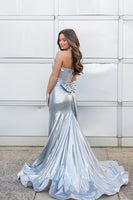 Load image into Gallery viewer, Silver Satin Strapless Corset Mermaid Long Prom Dress with Slit
