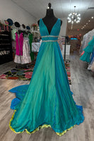 Load image into Gallery viewer, Sparkly Peacock Green A Line V Neck Long Prom Dress with Beadings