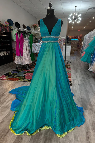 Sparkly Peacock Green A Line V Neck Long Prom Dress with Beadings