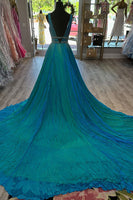Load image into Gallery viewer, Sparkly Peacock Green A Line V Neck Long Prom Dress with Beadings