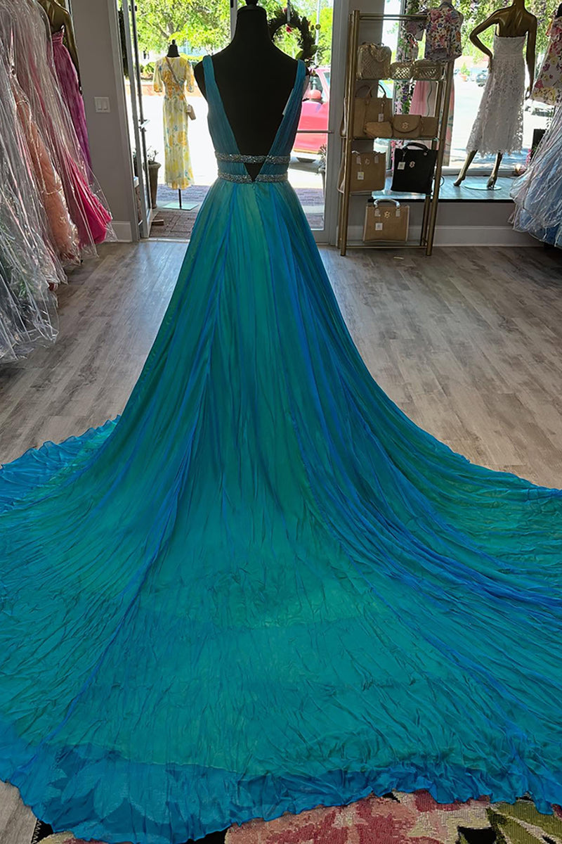 Load image into Gallery viewer, Sparkly Peacock Green A Line V Neck Long Prom Dress with Beadings