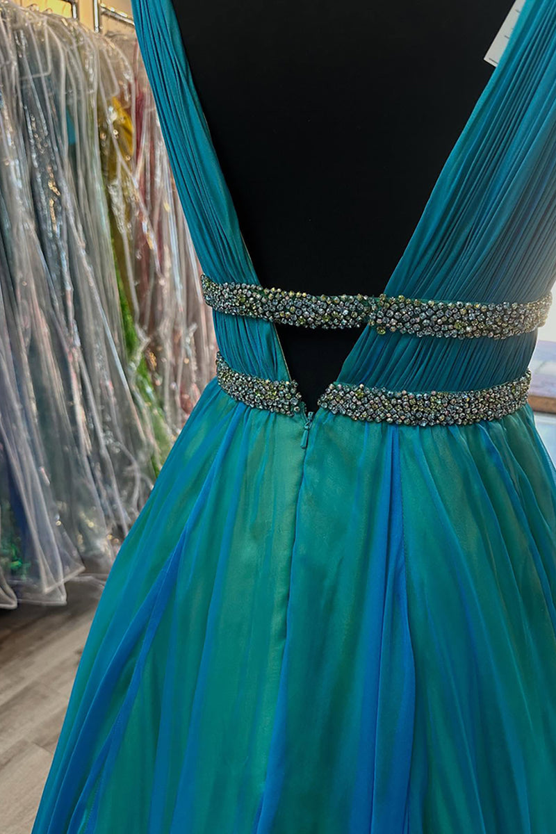 Load image into Gallery viewer, Sparkly Peacock Green A Line V Neck Long Prom Dress with Beadings