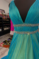 Load image into Gallery viewer, Sparkly Peacock Green A Line V Neck Long Prom Dress with Beadings