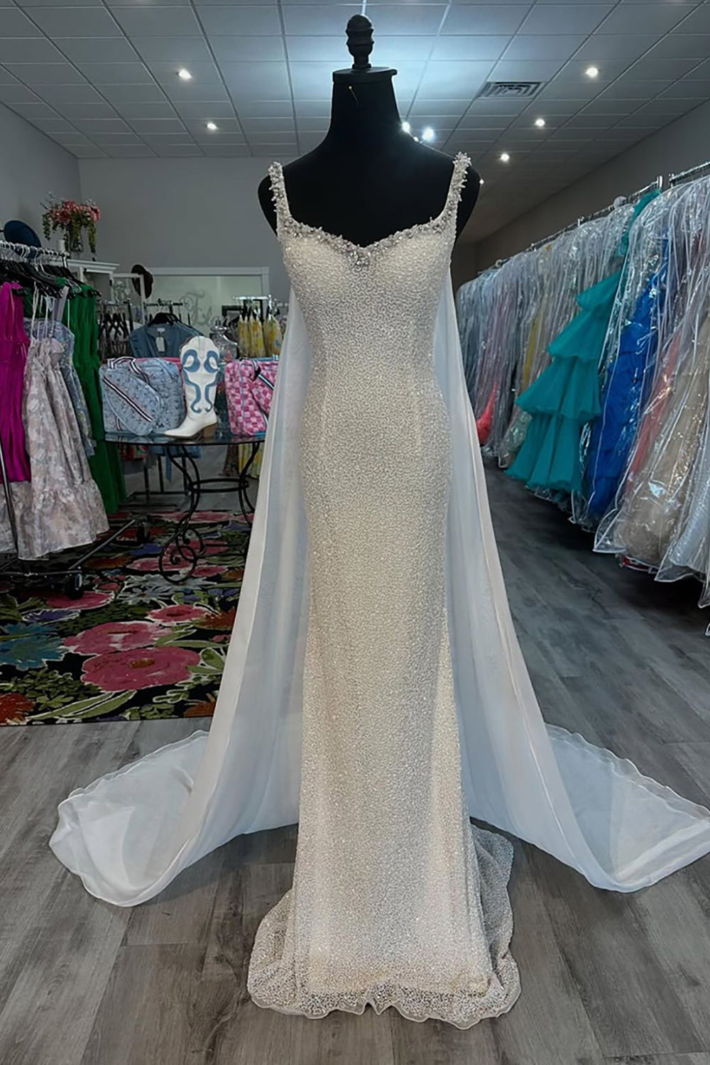 Sparkly White Mermaid Sequin Long Prom Dress with Cape