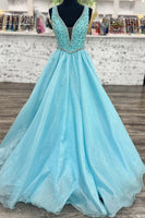 Load image into Gallery viewer, Sparkly Light Blue A Line V Neck Long Prom Dress with Beadings