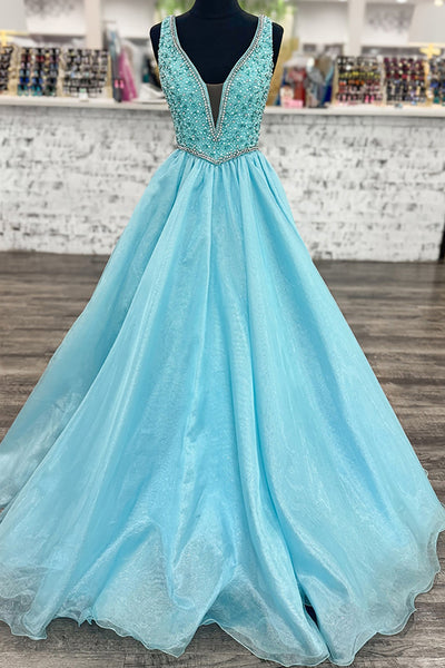 Sparkly Light Blue A Line V Neck Long Prom Dress with Beadings
