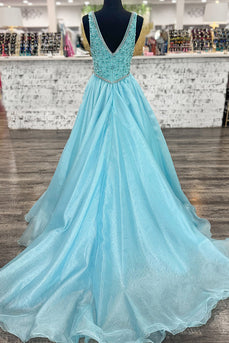 Sparkly Light Blue A Line V Neck Long Prom Dress with Beadings