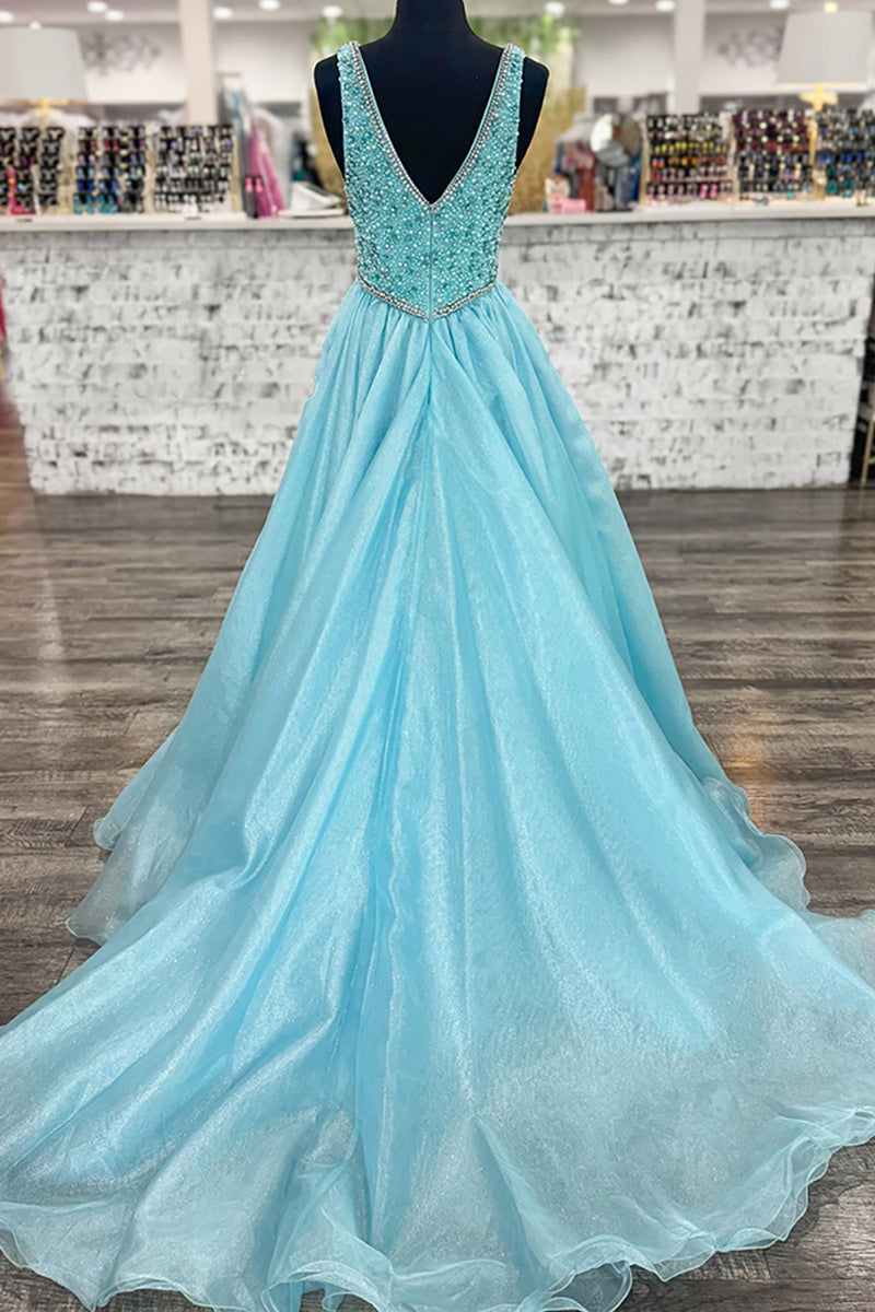 Load image into Gallery viewer, Sparkly Light Blue A Line V Neck Long Prom Dress with Beadings