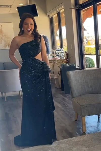 Sparkly Black One Shoulder Cut Out Mermaid Long Prom Dress