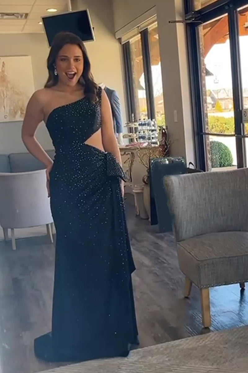 Load image into Gallery viewer, Sparkly Black One Shoulder Cut Out Mermaid Long Prom Dress