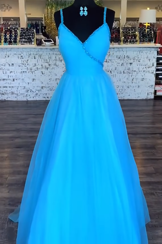 Sparkly Blue A Line Long Prom Dress with Beadings