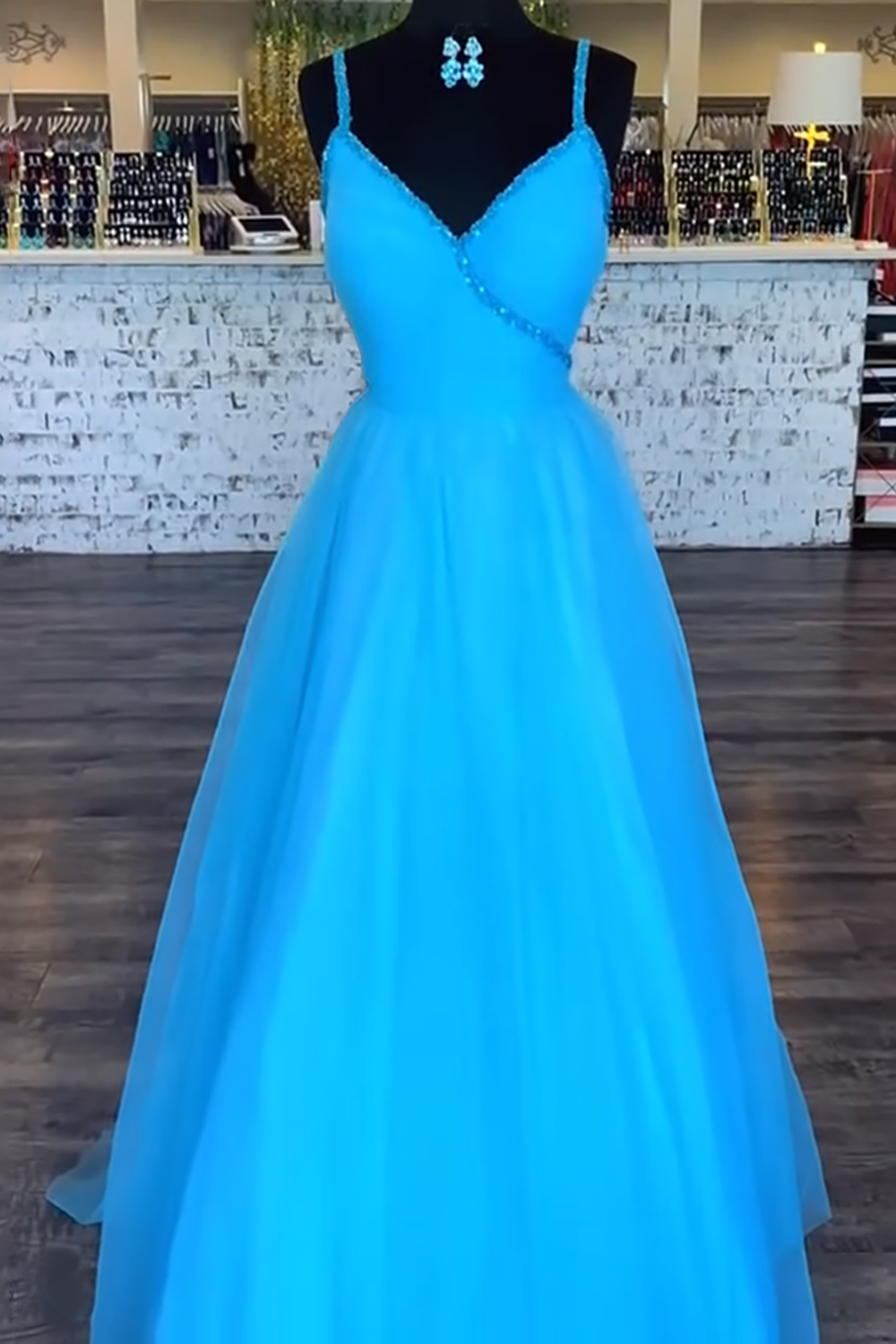 Sparkly Blue A Line Long Prom Dress with Beadings