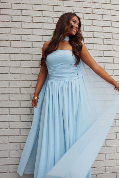 Blue Strapless A Line Long Prom Dress with Cape