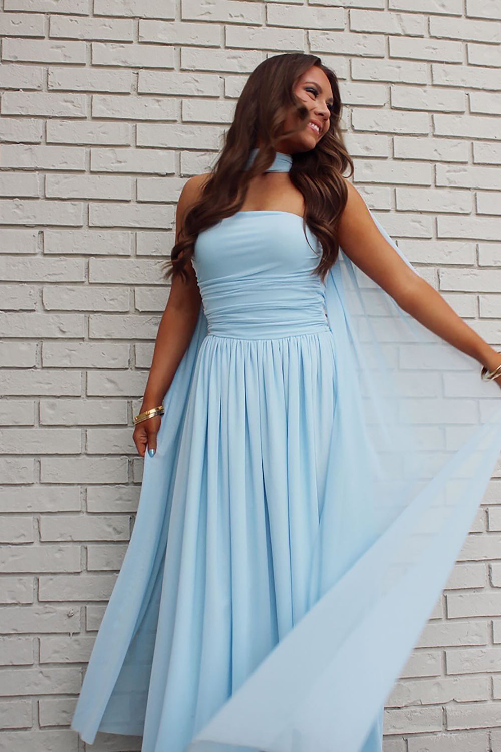 Blue Strapless A Line Long Prom Dress with Cape