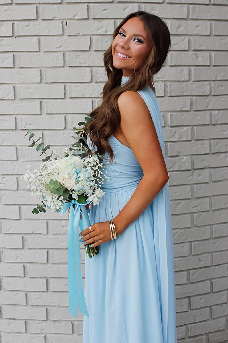 Load image into Gallery viewer, Blue Strapless A Line Long Prom Dress with Cape