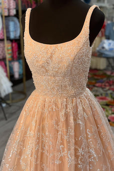 Champagne Thick Straps A Line Long Prom Dress with Appliques