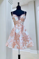 Load image into Gallery viewer, Sparkly Champagne Floral A Line Short Prom Dress with Beadings