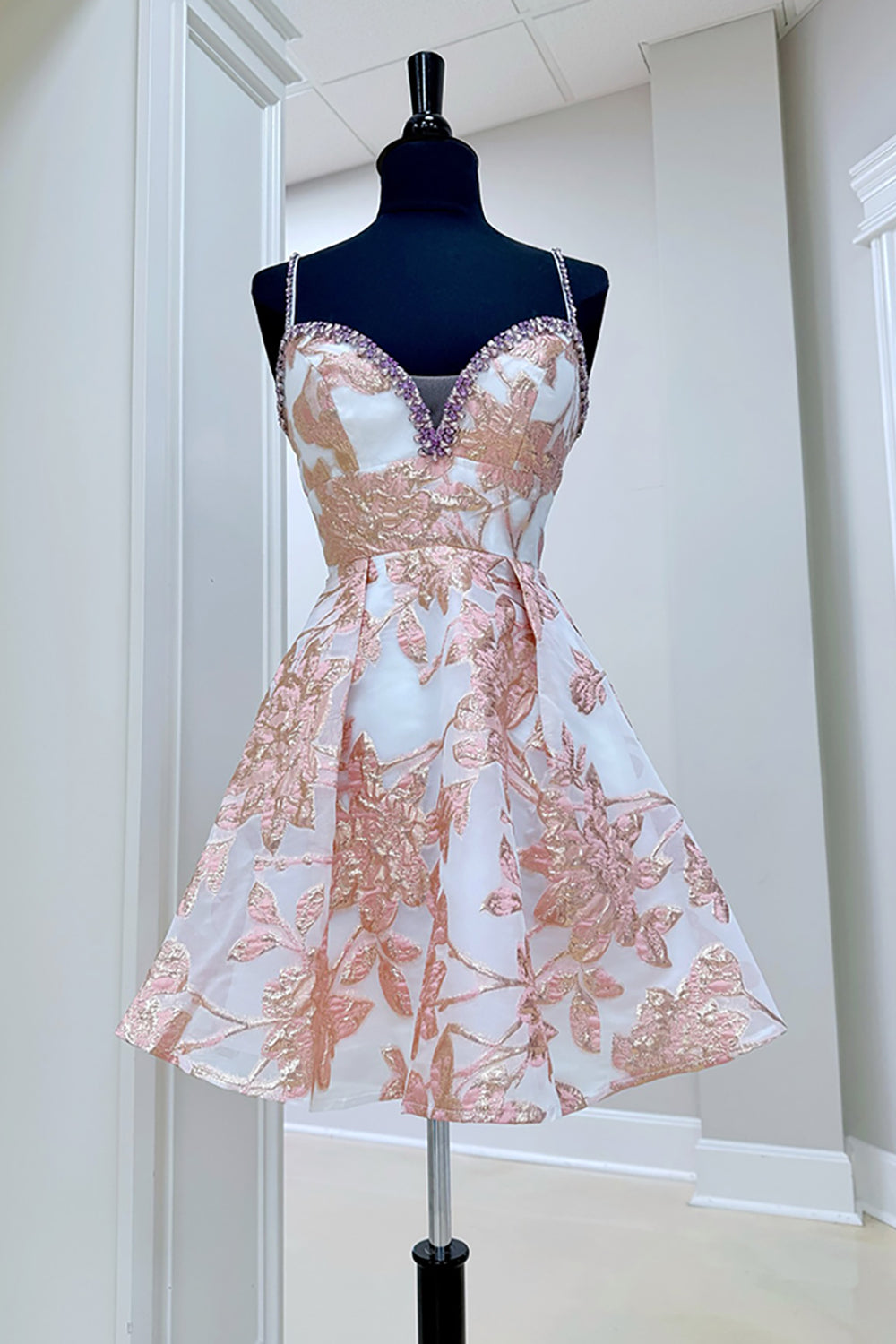 Sparkly Champagne Floral A Line Short Prom Dress with Beadings