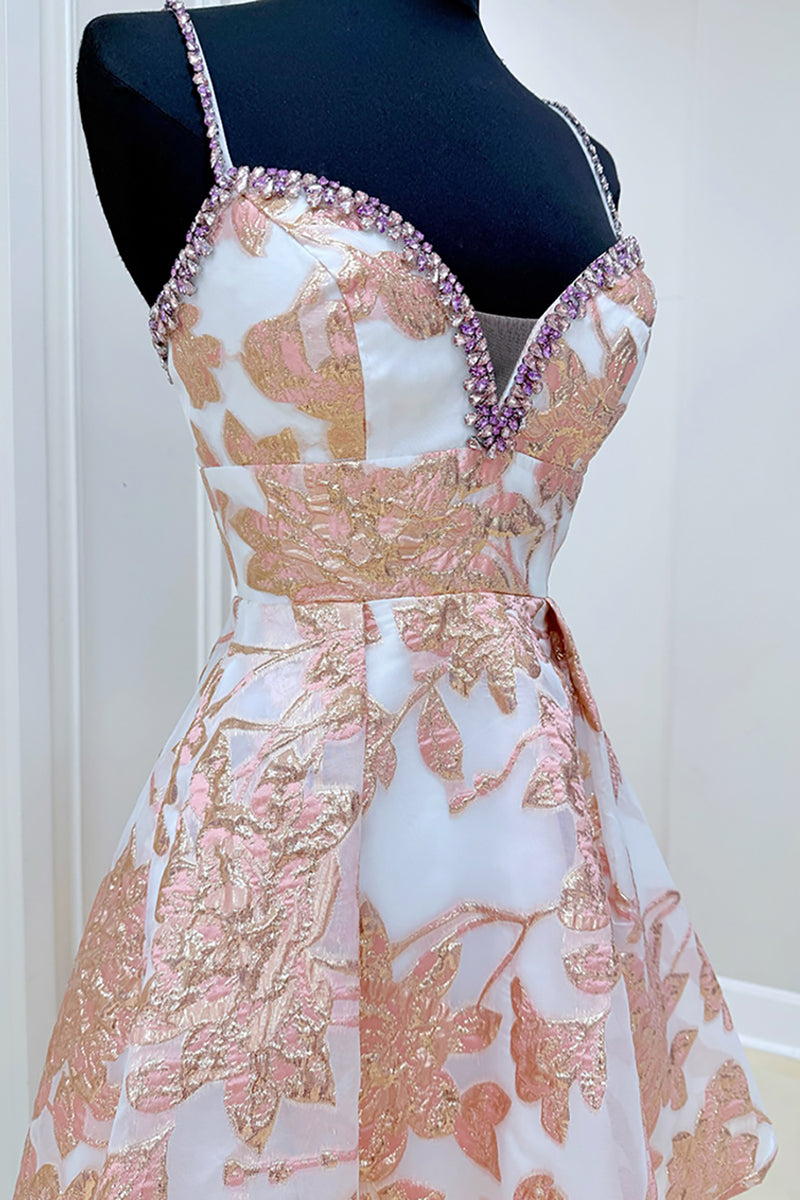 Load image into Gallery viewer, Sparkly Champagne Floral A Line Short Prom Dress with Beadings