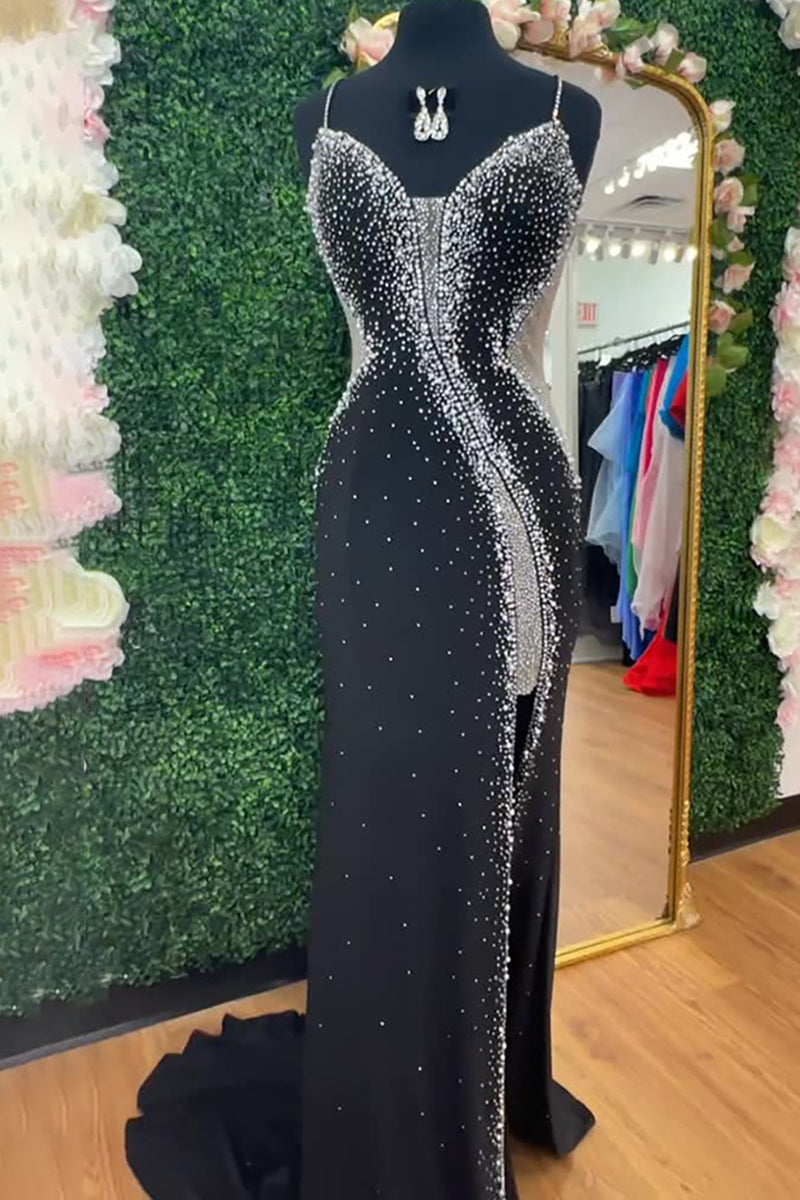 Load image into Gallery viewer, Sparkly Black Spaghetti Straps Sequin Mermaid Long Prom Dress with Slit