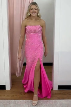 Sparkly Fuchisa Strapless Mermaid Long Prom Dress with Slit