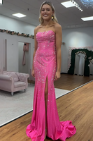Load image into Gallery viewer, Sparkly Fuchisa Strapless Mermaid Long Prom Dress with Slit