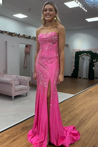 Sparkly Fuchisa Strapless Mermaid Long Prom Dress with Slit