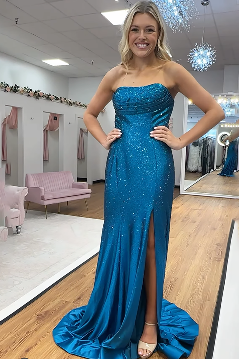 Load image into Gallery viewer, Sparkly Fuchisa Strapless Mermaid Long Prom Dress with Slit