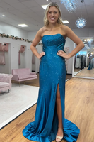 Load image into Gallery viewer, Sparkly Fuchisa Strapless Mermaid Long Prom Dress with Slit