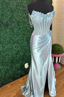 Load image into Gallery viewer, Sparkly Light Blue Floral Off the Shoulder Mermaid Long Corset Prom Dress with Slit