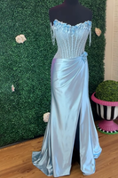 Load image into Gallery viewer, Sparkly Light Blue Floral Off the Shoulder Mermaid Long Corset Prom Dress with Slit