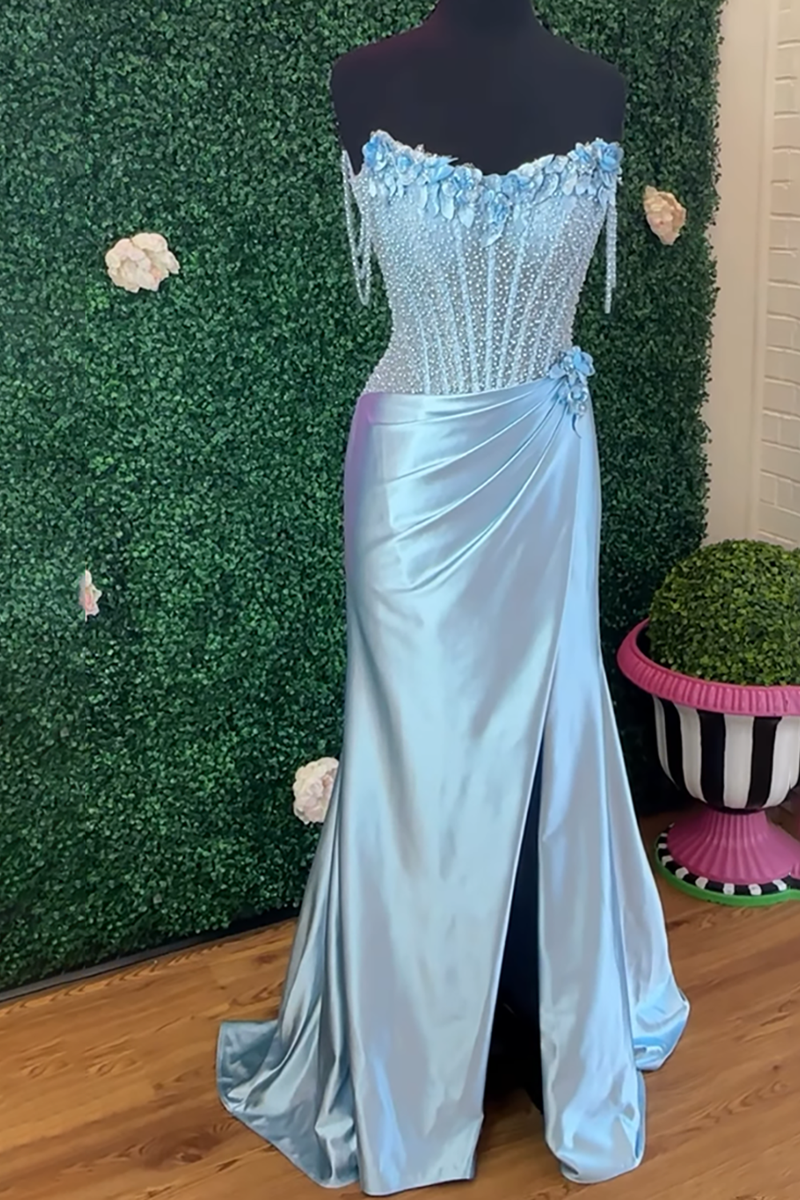 Load image into Gallery viewer, Sparkly Light Blue Floral Off the Shoulder Mermaid Long Corset Prom Dress with Slit