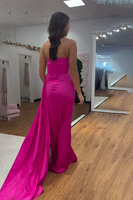 Load image into Gallery viewer, Strapless Fuchsia Satin Corset Long Prom Dress with Side Cape