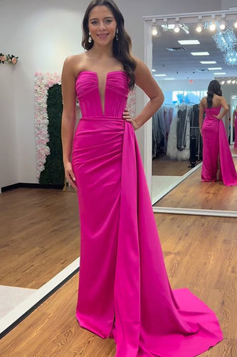 Strapless Fuchsia Satin Corset Long Prom Dress with Side Cape