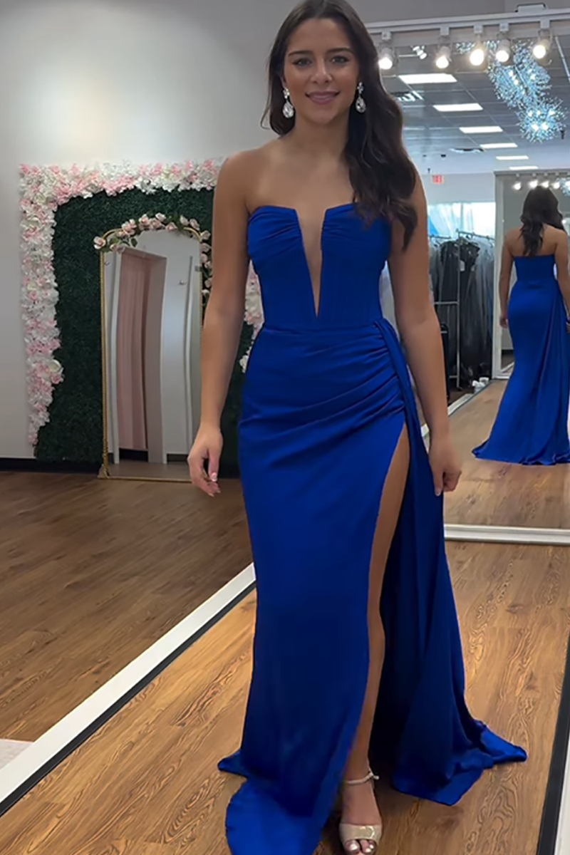 Load image into Gallery viewer, Strapless Fuchsia Satin Corset Long Prom Dress with Side Cape