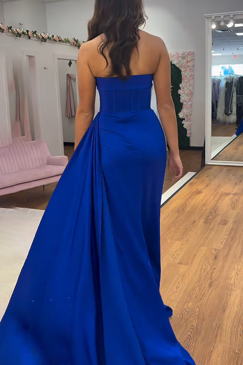 Load image into Gallery viewer, Strapless Fuchsia Satin Corset Long Prom Dress with Side Cape