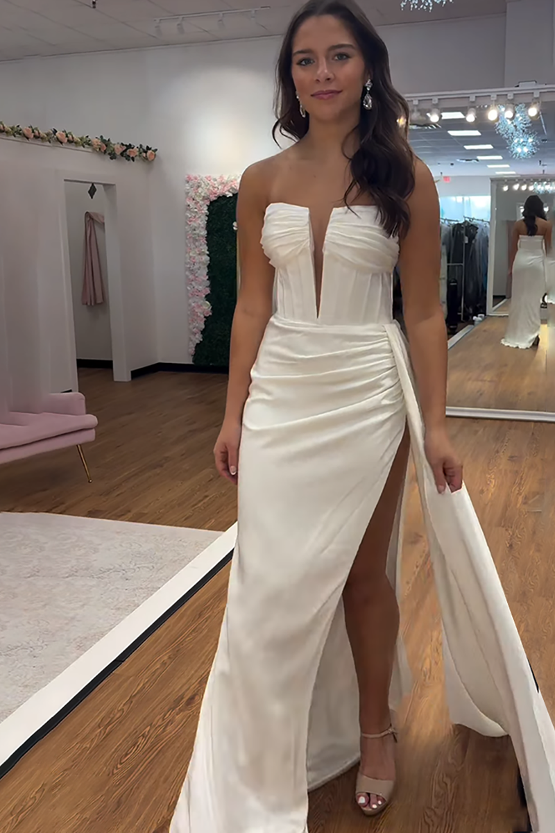 Load image into Gallery viewer, Strapless Fuchsia Satin Corset Long Prom Dress with Side Cape