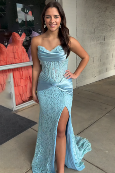 Light Blue Strapless Corset Mermaid Long Prom Dress with Appliques