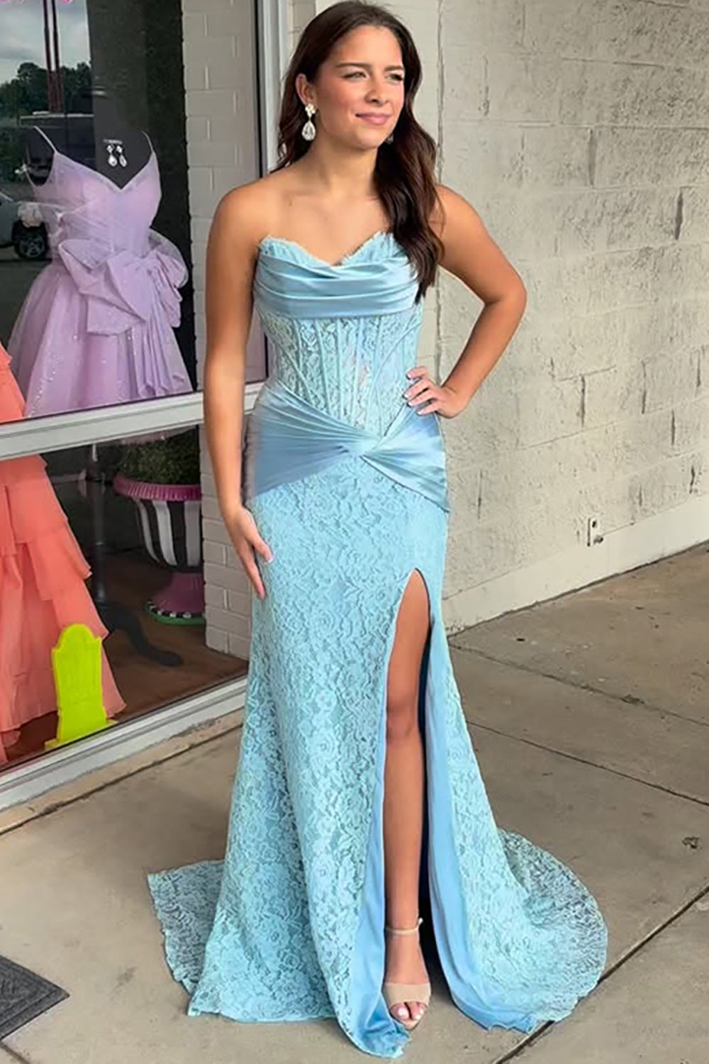 Light Blue Strapless Corset Mermaid Long Prom Dress with Appliques