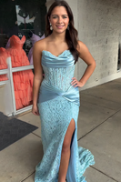 Load image into Gallery viewer, Light Blue Strapless Corset Mermaid Long Prom Dress with Appliques