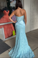Load image into Gallery viewer, Light Blue Strapless Corset Mermaid Long Prom Dress with Appliques