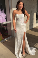 Load image into Gallery viewer, Light Blue Strapless Corset Mermaid Long Prom Dress with Appliques