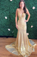 Load image into Gallery viewer, Gold Mermaid Spaghetti Straps Ruched Long Prom Dress