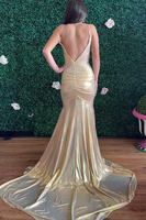 Load image into Gallery viewer, Gold Mermaid Spaghetti Straps Ruched Long Prom Dress