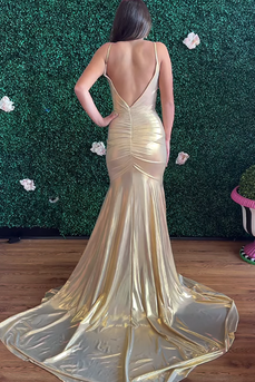 Gold Mermaid Spaghetti Straps Ruched Long Prom Dress