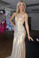 Load image into Gallery viewer, Gold Mermaid Spaghetti Straps Ruched Long Prom Dress