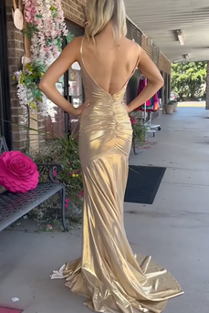 Gold Mermaid Spaghetti Straps Ruched Long Prom Dress