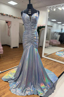 Load image into Gallery viewer, Gold Mermaid Spaghetti Straps Ruched Long Prom Dress