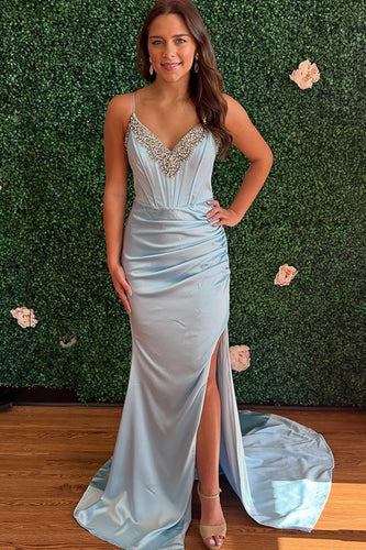 Sparkly Light Blue Mermaid Satin Spaghetti Straps Long Beaded Prom Dress with Slit